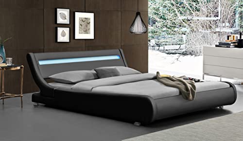 Literie Julien Lit ava pour Matelas 140x200 - Sommier + Tête de Lit eclairage LED Incurve Couleur Noir + Pieds en 5 cm pour Matelas - 13 Lattes