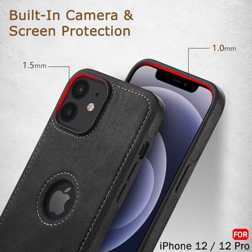 Image of TheGiftKart Genuine Leather Finish Back Cover Case for iPhone 12 /12 Pro | Shockproof Design | Raised Edges for Camera & Screen Protection | Stunning Minimalist Design Case Cover (Black Sides, Black)