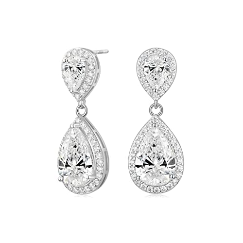 EAMTI Silver Dangle Earrings for Women Cubic Zirconia Teardrop 925 Sterling Silver Post Rhinestone Bridal Wedding Earring