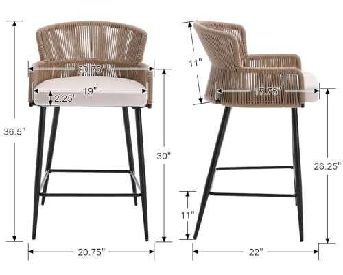 Image of HNY Farmhouse Woven Bar Stools Set of 4, 26 Inch Linen Upholstered Rattan Barstools with Curved Backs, Modern Cane Counter Height Bar Chairs with Metal Legs and Armrest for Kitchen Island, Beige