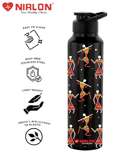 Image of NIRLON Classic Flip UV Printed Single Wall Stainless Steel Sipper Cap Water Bottle 1000ml |Fridge Water Bottle| Office Bottle|Gym Bottle|School Bottle|Treking Bottle|Travel Bottle (Warli Art Black)