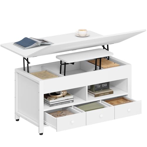 Hzuaneri Table Basse, Table de Salon Relevable, avec 3 Tiroirs et Rangement et Compartiment Caché, 50 × 100 × 45 cm, Convertible en Tables à Manger, pour...