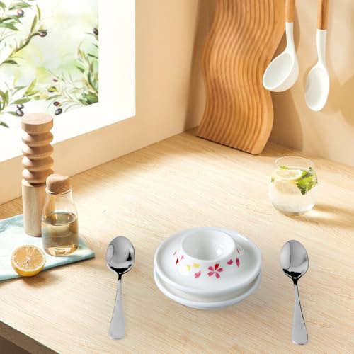 Image of Cinf Ceramic Sakura Egg Holder Set of 2 Porcelain Holder With 2 Stainless Steels Egg Spoons Breakfast Boiled Cooking Easy to Clean Childhood Memories Kitchen
