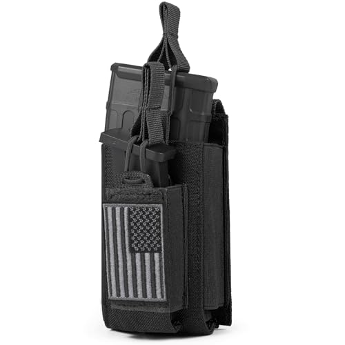 Open-Top Single/Double/Triple Molle Mag Pouch for 5.56mm M4 M16 AK AR Glock M1911 9mm Elastic Rifle Magazines Pistol Mag Pouches Holder Carrier with USA Flag Patch (Single-Black)