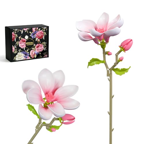 Magnolia Flower Building Block Bouquet,Compatible with Lego Flower Featuring Delicate Pink-and-White Gradient Flowers and Buds,Ideal for Tabletop Display and DIY Home Decoration(68PCS)