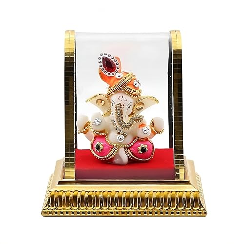 IDAHA Ganesh Idol for Car Dashboard in Glass Box with Left Trunk Figurine Showpiece for Home, Office, Temple, Decor, Gifting 1 Piece, Height: 11 CM