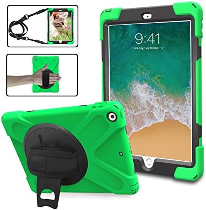 iPad Case 5th Generation with Hand Strap | TSQ iPad 6th Gen Case Heavy Duty Durable | Shockproof Defender iPad 9.7 Inch Case 2017 2018 w/ 360 Degree Rotating Kickstand Shoulder Strap for Kids | Green