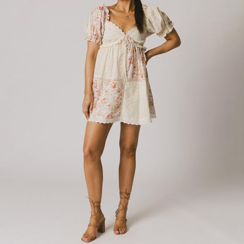 Image of Women Y2k Puff Sleeve Babydoll Dresses Square Neck Tie Back Mini Dress Summer Solid Off Shoulder Flowy Sundress