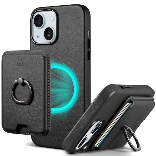 Funda iPhone 15 TUCCH con tarjetero magnético y soporte de anillo en color negro