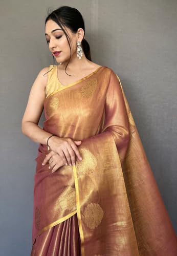 Image of SWORNOF Gold-Toned Woven Design Silk Zari Tissue Saree | Saree for Women | Soft and Skin Friendly
