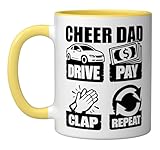 Cheer Dad Drive Pay Clap Repeat Funny Saying Cheerleading Ceramic Mug, Yellow/White