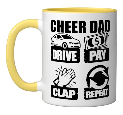 Cheer Dad Drive Pay Clap Repeat Funny Saying Cheerleading Ceramic Mug, Yellow/White