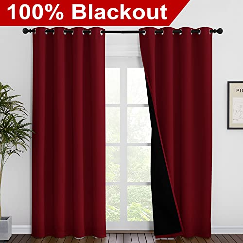 Image of NICETOWN 100% Blackout Curtains with Black Liner Backing, Thermal Insulated Curtains for Living Room, Noise Reducing Drapes for Christmas, Burgundy Red, 55 inches x 86 inches Per Panel, Set of 2
