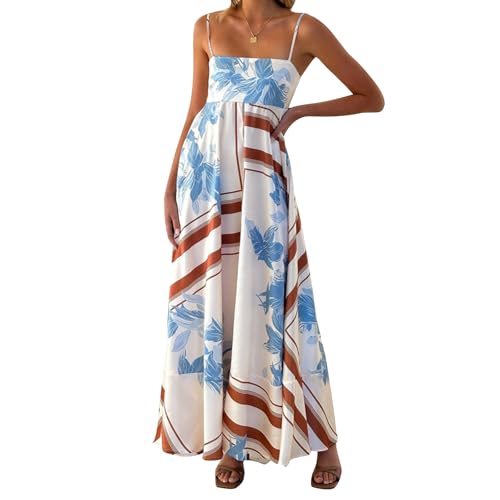 Image of NUFIWI Women Summer Striped Maxi Dress Spaghetti Strap Cutout Ruffle Long Dress Flowy Swing Beach Vocation Dress