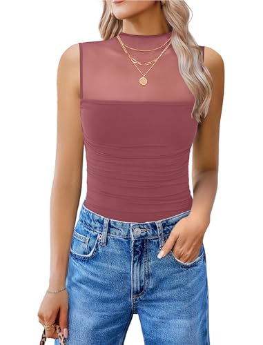 Avidlove Women's Mock Neck Mesh Bodysuit Ruched Tank Body Suits Top Sheer One Piece Going Out Tops Classy Outfits