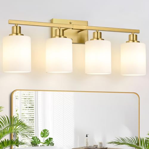 Image of MOKATNG 4-Light Bathroom Light Fixtures, Brushed Gold Vanity Light with Milky White Shades, Bathroom Lighting Fixtures Over Mirror, Modern Bathroom Wall Lamp for Mirror Living Room Cabinet Bedroom