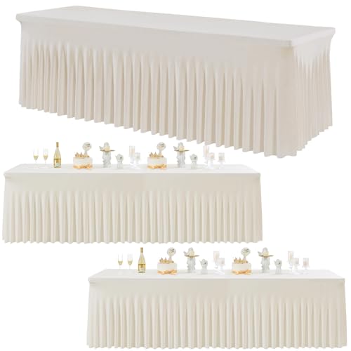 Image of 3 pk Ivory Spandex Table Clothes for 8 Foot Rectangle Tables, Stretch Table Cloths 8 ft Fitted Table Cover Desk Skirt for Parties Weddings Birthday Banquet Baby Shower