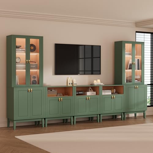 VOWNER Meuble TV Bibliotheque avec LED, 300 cm Grand Meuble Télé avec Portes en Verre pour TV jusqu'à 75 Pouces, Meuble TV Set, Buffet pour Salon, Cuisine,...