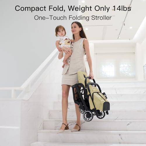 Compact Fold Baby Stroller, Lightweight Travel Toddler Stroller with One-Click Fold, Extendable UPF50+ Canopy, Cup Holder, UV Protected and Waterproof, One-Hand Folding - Beige - Image 5