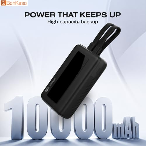 Image of Bonkaso 10000mAh 35W PD Power Bank with Inbuilt Type-C & Lightning Cable, Digital Display, USB-A & Type-C Output, Compact Portable Charger for Mobiles Tablets & Type-C Laptops :-Black