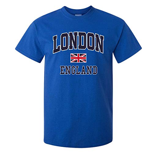 London England T-Shirt with Union Jack Souvenir Printed T-Shirt Kids and Adults Unisex Tees (7-8 Years, Royal Blue)