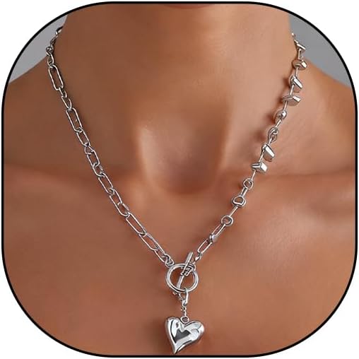 Plated Gold Silver Heart Pendant Choker Necklaces for Women,Stackable Irregular Bead Paperclip OT Clasp Necklace Trendy Party Jewelry Accessories Gift