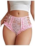 SHENHE Women's Sheer Lace Brief Criss Cross Bow Panty Ruffle Frill Trim High Waisted Underwear Pink Medium