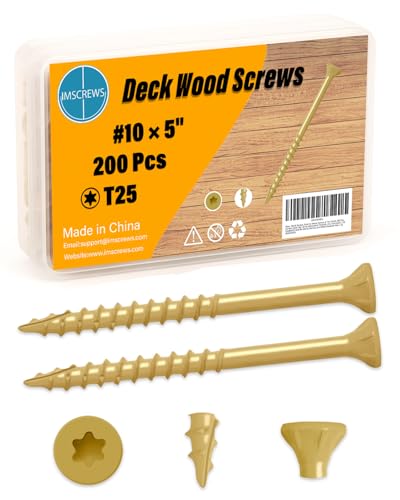 IMSCREWS 5 Inch Deck Screws, #10 Exterior Wood Screws (200 Pcs) with Storage Box, Tan Epoxy Coated Carbon Steel, T25 Star Drive, Coarse Thread, Rust Resistant for Outdoor Use (Bit Not Included)