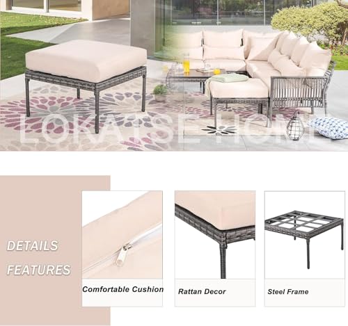 Image of LOKATSE HOME 2 Piece Outdoor Footstool Patio Ottoman Rattan Small Seat Wicker Furniture with Thick Cushion for Garden Yard Deck Poolside