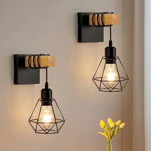Vintage Wood Wall Lamp 2-Pack, Black E27 Sconce Lights, Industrial Rustic Wall Lighting for Living Room, Bedrooms, Hallway, Stair