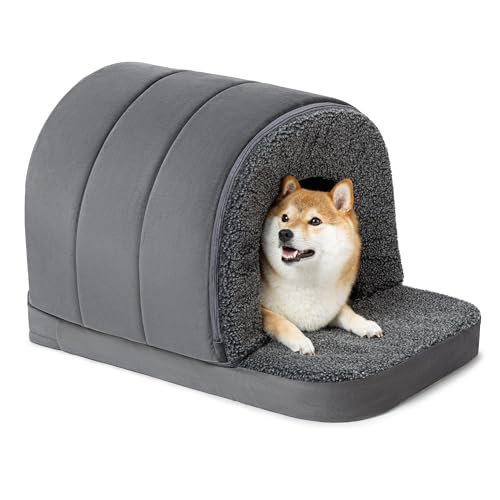 PELZIN Indoor Dog House - Orthopedic Dog Tent Bed w/Egg-Crate Foam - Pet Bed with Cover Cave - Waterproof Lining - Nonskid Bottom, Ideal for Medium Breeds & Fits L 77cm Crate - 74x46cm, Charcoal