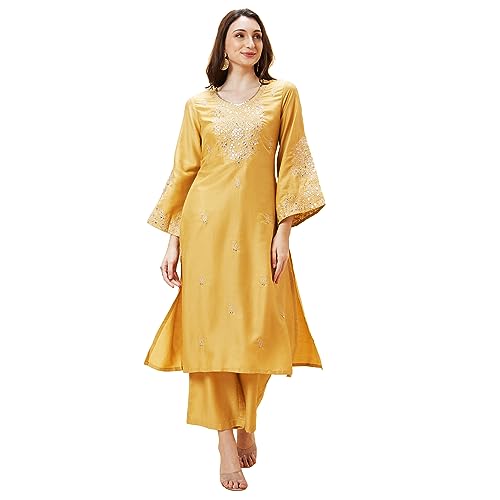 Image of Globus Women Red Embroidered V-Neck Yoke Gota Patti Flared Sleeves Festive A-Line Kurta Set with Trouser-3638464001