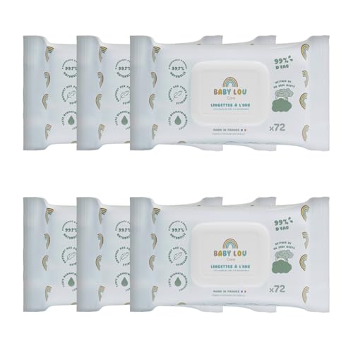 BABYLOU CARE | Toallitas de agua 6 x 72 bolsitas | Toallitas suaves y calmantes para bebés | Apto para pieles sensibles | 99,7% de ingredientes de origen natural | Made in France