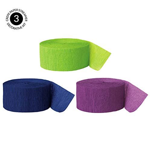 Andaz Press Crepe Paper Streamer Hanging Party Decorations Kit, 240-Feet, Kiwi Green, Navy Blue, Purple, 1-Pack, 3-Rolls, Peacock Mermaid Colored Wedding Baby Bridal Shower Birthday Supplies #TOP1