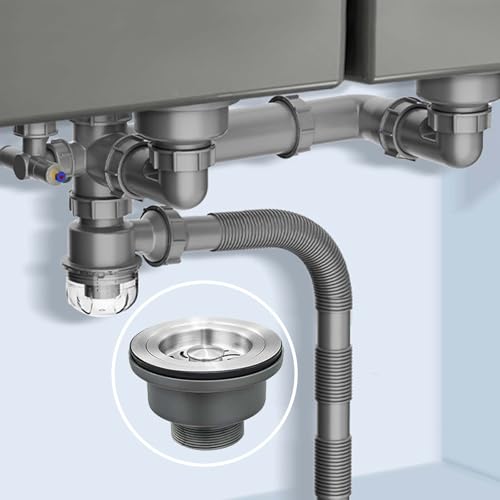 QruiLanTu 31/2 Küchenspülen-Ablaufgarnitur, Edelstahl 304, mit Spülen-Siebkorb und Dichtungsdeckel für Küchen- und Badezimmerabläufe