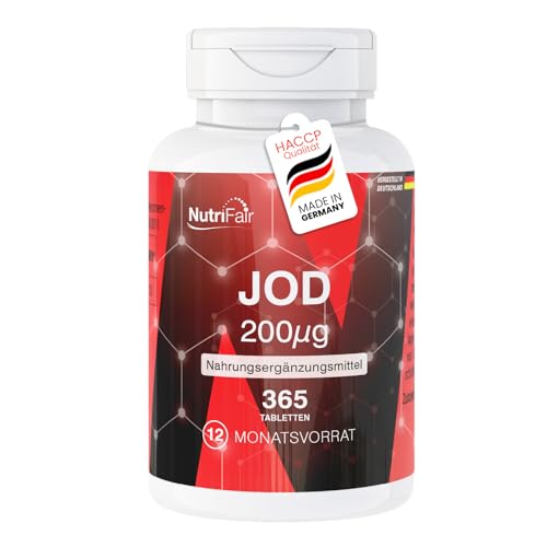 Jod 200μg - 365 Tabletten mit je 200μg Jod - schluckfreundlich - Hochdosiert - Kaliumjodid - 100% Vegan – Deutsche Produktion & Laborprüfung - NutriFair | Premium & Fair