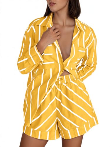 Image of Tankaneo Womens Striped 2 Piece Outfits Button Down Shirts and Shorts Lounge Matching Sets