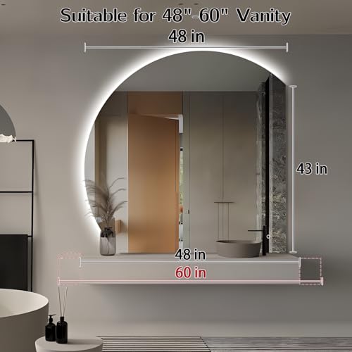 Niccy 48" LED Bathroom Mirror with Lights, Half Moon Led Mirrors, Irregular Backlit Mirrors for Entryway, Anti-Fog, Dimmable, Makeup Mirror, Explosion Proof, Round Lighted Vanity Mirrors, White Light - Image 3