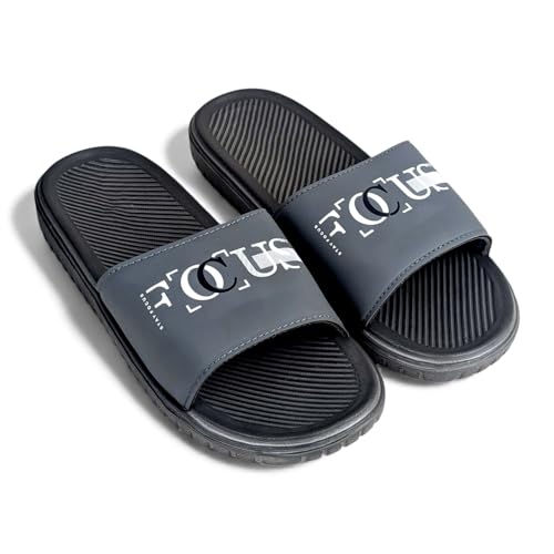 Image of Ovee slide Slip-On Sandals, Black, Textured Footbed with Logo Strap