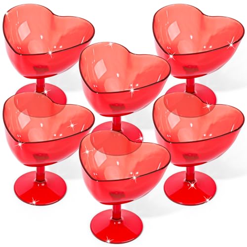 Teenyyou 6 Pcs Valentines Day Red Martini Glasses 10 oz Heart Shaped Martini Cocktail Glasses with Stem Red Acrylic Champagne Flutes Valentines Party Supply Wine Cups for Wedding New Year Party Decor