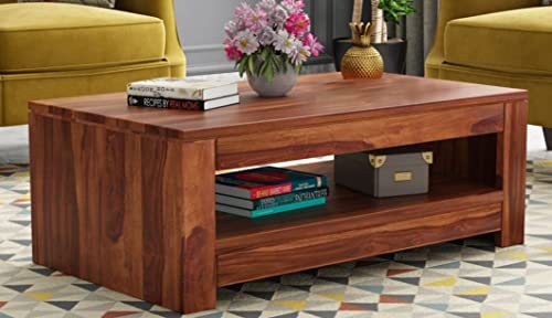 Image of Solid Sheesham Wood Wooden Centre Table Coffee Table Center Table Teapoy for Living Room Wooden Home Furniture | Teak Finish