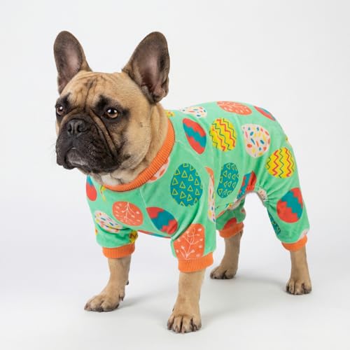 Image of Fitwarm Easter Egg Dog Pajamas, Holiday Dog Clothes for Small Dogs Girl Boy, Pet Easter Outfit, Puppy Cat Onesie, Lightweight Velvet, Light Green, Orange, Medium