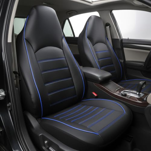Autoyouth Universal Front Car Seat Covers (Pair) - Waterproof Faux Leather Upholstery Protectors, Airbag Compatible - Fit For Most Hatchbacks, Saloons, Suvs & Vans, Blue/Black - 2