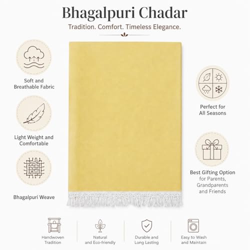 Image of Bhagalpuri Soft Dull Cotton Single Chadar | Single Thread Lightweight Odhne Wali Chadar | Top Sheet for Sleeping Summer (Lemon)