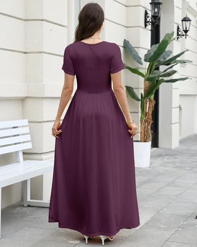 Image of COSSEN Women's Crew Neck Short Sleeve Maxi Dress with Pockets Casual Loose Swing for Wedding Guest Beach Vacation