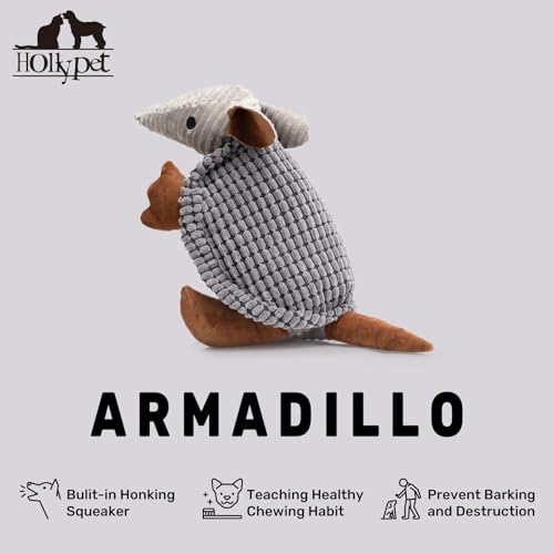 Image of Hollypet Plush Dog Squeaky Toy Stuffed Armadillo Animal Pet Puppy Chew Toys with Clean Teeth for Small Medium Large All Breed Sizes Dogs, Dark Gray, 10 in