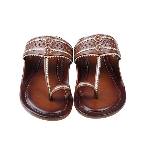 Image of Women's Kolhapuri Sandals - Handcrafted Leather Flats Chappals with Toe Ring, Comfortable Slip-On Ethnic Footwear with Embroidery & TPR Leather Sole