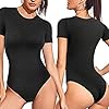 REYEOGO-Women-Shapewear-Bodysuit-Scoop-Neck-Tank-Top-Short-Sleeves-Jumpsuit-Slim-Fit-Bodycon-Clubwear-Basic-T-Shirts-Romper REYEOGO women bodycon Scoop Neck bodoysuit T-shirt shaperwear Short Sleeve Basic Bodysuits (Large, Black)