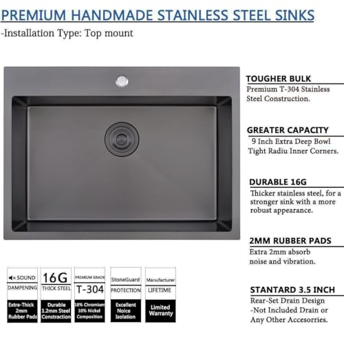 Image of SHACO 28 Inch Drop in Black Kitchen Sink, Gunmetal Black Top Mount Stainless Steel 9 Inch Deep Single Bowl Laundry Utility Wet Prep Sink