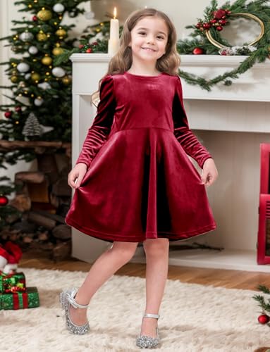 Happy Cherry Girls Velvet Dress Crew Neck Bow Back Long Sleeve Princess Christmas Birthday Party Wedding Dresses2